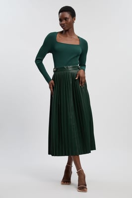 Viscose Rib Pu Mix Tab Detail Pleated Knit Midi Dress