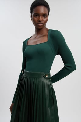 Viscose Rib Pu Mix Tab Detail Pleated Knit Midi Dress