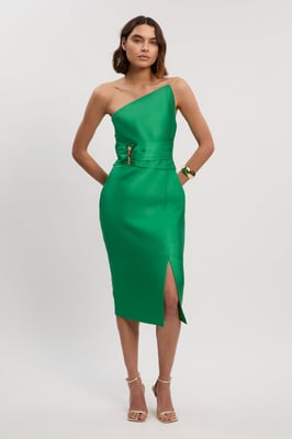 Satin Twill Trim Detail Structured Asymmetric Neck Tailored Midi Dress