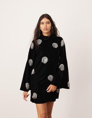 ASOS EDITION embellished diamante fringe high neck velvet mini dress in black