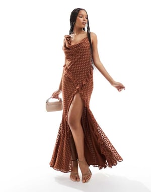 ASOS DESIGN cowl neck bias maxi dress with frills in spot jacquard