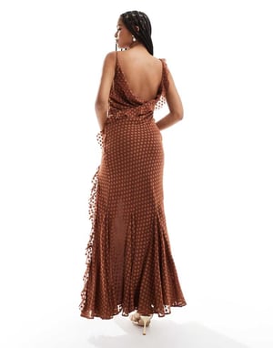 ASOS DESIGN cowl neck bias maxi dress with frills in spot jacquard