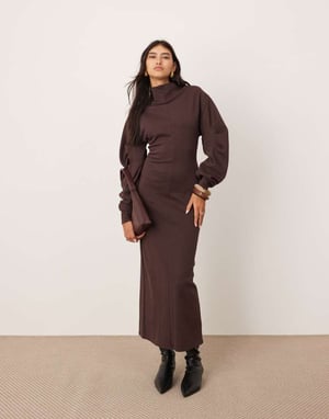 ASOS EDITION textured jersey column midaxi dress with pleat sleeves in mahogany