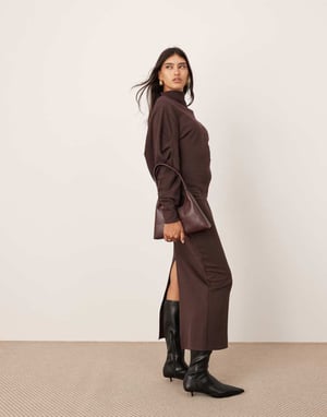 ASOS EDITION textured jersey column midaxi dress with pleat sleeves in mahogany