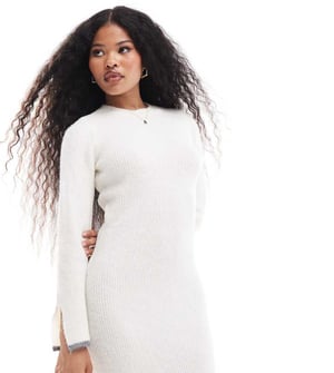Vila Petite super soft knitted midi dress with contrast edge in winter white