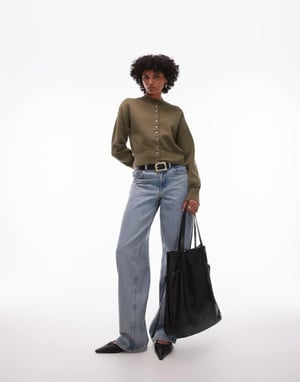 Topshop stickad komprimerad passande midjekort cardigan i khaki