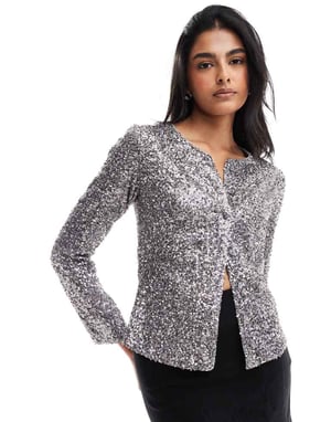 Never Fully Dressed paljettstickad cardigan i gunmetal