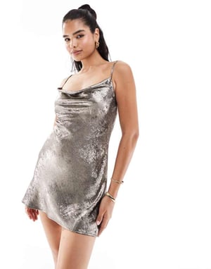 Miss Selfridge metallic cowl neck mini slip dress in silver