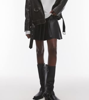 Topshop Tall faux leather clean pleat mini skirt in black