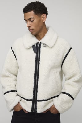 Oversized Fit Borg PU Seam Aviator Jacket