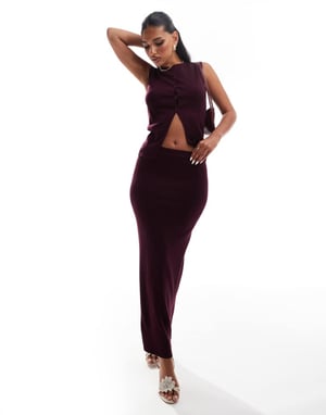 Kaiia exclusive fine knit column maxi skirt co-ord in burgundy