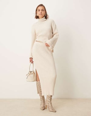 YAS knitted maxi skirt co-ord with split in cream