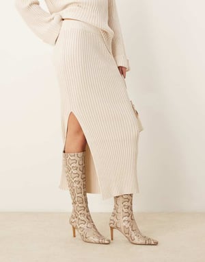 YAS knitted maxi skirt co-ord with split in cream
