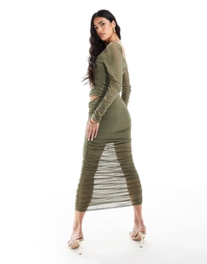ASOS DESIGN co-ord ruched maxi skirt in khaki