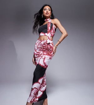 Kaiia exclusive double layered slinky midaxi skirt co-ord in pink and red floral print