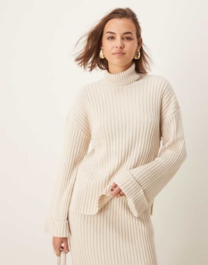 YAS knitted roll neck jumper co-ord with turn up sleeves in cream