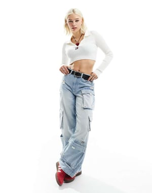 Tommy Jeans stickad ribbad kragsweater i vit