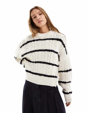 ASOS DESIGN crew neck cable jumper in cream stripe