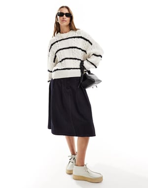 ASOS DESIGN crew neck cable jumper in cream stripe