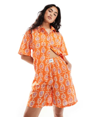 Sixth June co-ord printed linen shorts in orange