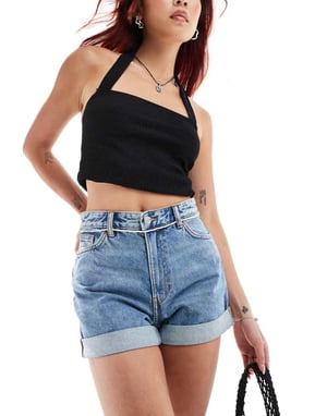 Monki Tallie turn up denim shorts in mid blue