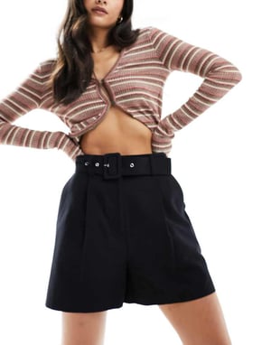 ASOS DESIGN tailored belted shorts with linen in black