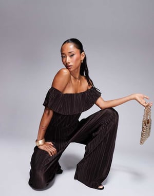 ASOS DESIGN plisse bardot wide leg jumpsuit in chocolate