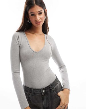 ASOS DESIGN seamless sculpting long sleeve v neck bodysuit in grey marl