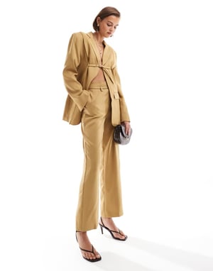 ASOS DESIGN tailored trouser with raw edge details and belt co-ord in tan - YELLOW