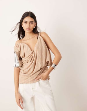 ASOS EDITION drape structure off shoulder corset top in stone stripe print