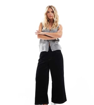 ASOS DESIGN Petite cord cropped wide leg trouser with contrast stitch in black