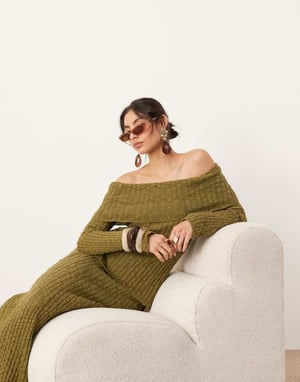 ASOS EDITION knitted bardot layered long sleeve top co-ord in green
