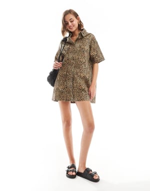 ASOS DESIGN denim short sleeve shirt dress in leopard print