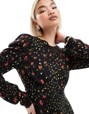 Miss Selfridge Ribbon detail tea dress in black floral print