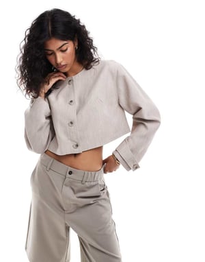 ASOS DESIGN kortärmad jacka utan krage i linnelook i havre