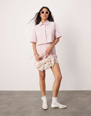 ASOS DESIGN kortärmad crop blazer i linne i rosa koord