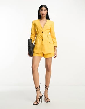 ASOS DESIGN kragenlös kostymblazer med linne i citrus
