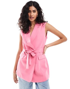 ASOS DESIGN ärmlös skräddarsydd blazer med knytmidja i mjuk rosa