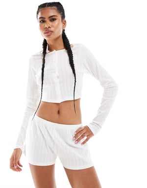 Monki koord bomulls pointelle jersey shorts i vitt