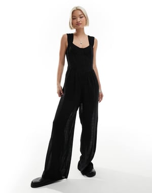 Återvunnen vintage jumpsuit med bystdetalj i svart