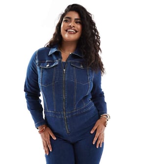 ASOS DESIGN Curve långärmad stretch 70-tals jumpsuit i mörkblå