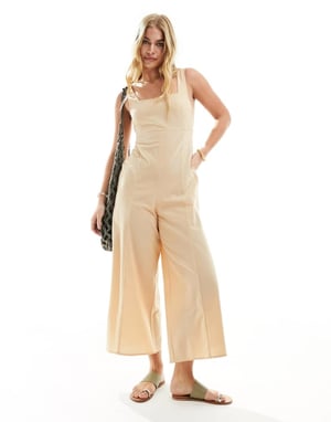 ASOS DESIGN linne knytbaks kort jumpsuit i sten