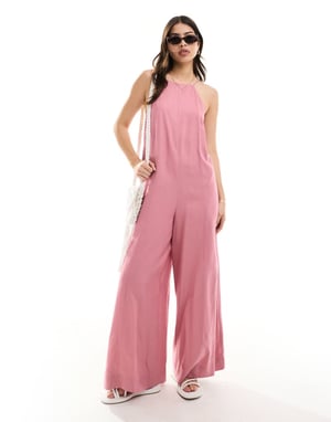 ASOS DESIGN racerhalsad Crosshatch linné jumpsuit i dammig rosa