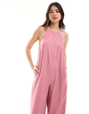 ASOS DESIGN racerhalsad Crosshatch linné jumpsuit i dammig rosa
