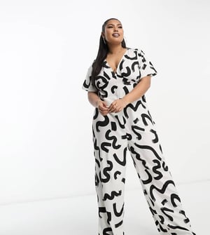 Vero Moda Curve vid ben jumpsuit i monokromt abstrakt mönster