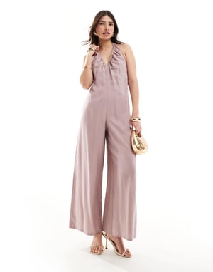 ASOS DESIGN djupt v-ringad halterneck jumpsuit i mauve