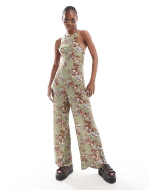 Återvunnen vintage ärmlös jumpsuit i grön blommig