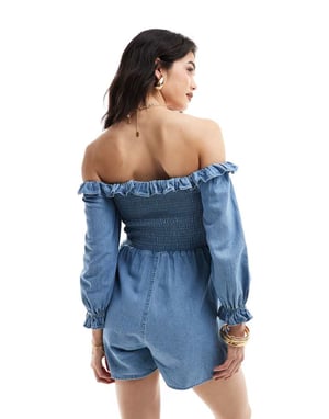 ASOS DESIGN mjuk denim off-shoulder jumpsuit med volangdetalj i mellanblå