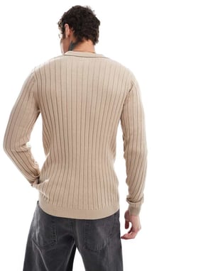 ASOS DESIGN essentiel muskelpassform stickad ribbad tröja med klyvning i taupe