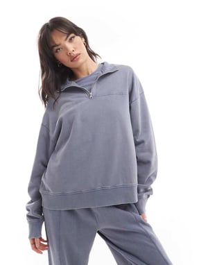 ASOS DESIGN oversized halv dragkedja sweatshirt i tvättad indigoblå